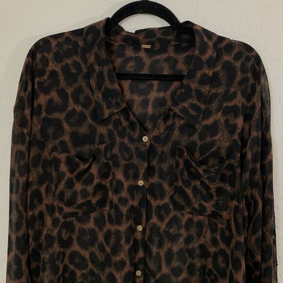 Free People Easy Rider Blouse Leopard Animal Print Sheer Button Down Oversized - Picture 4 of 10